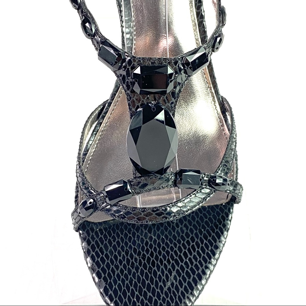 Beautiful Shoes, Black Beaded Sandals, Snake Skin Look, Ankle Strap, Never Worn